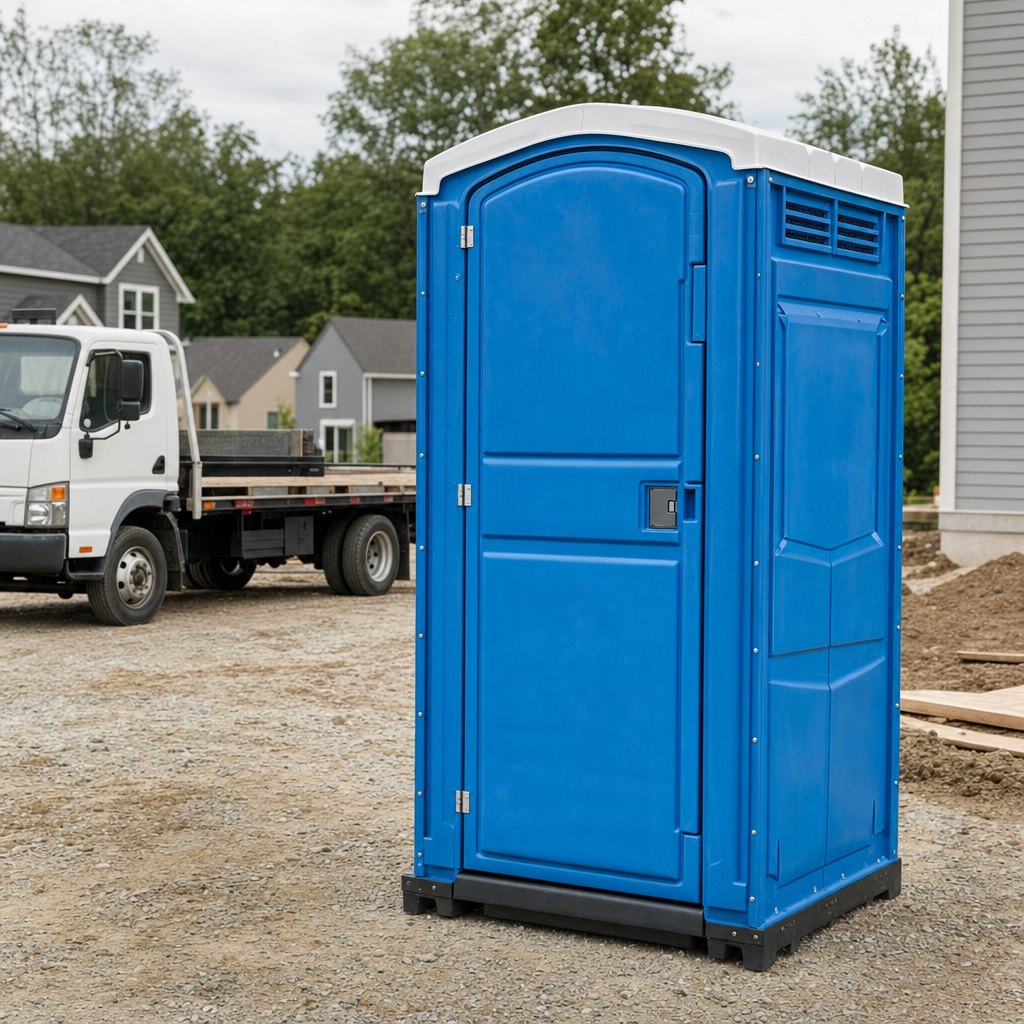 Delivery driver positioning a clean royal-blue portable toilet on level ground at a Fort Wayne worksite